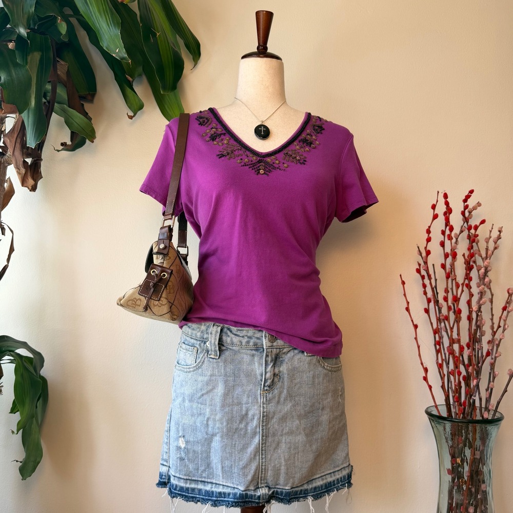 Chico's Purple Beaded Sequin Whimsigoth Boho V-Neck Short Sleeve Top y2k pink